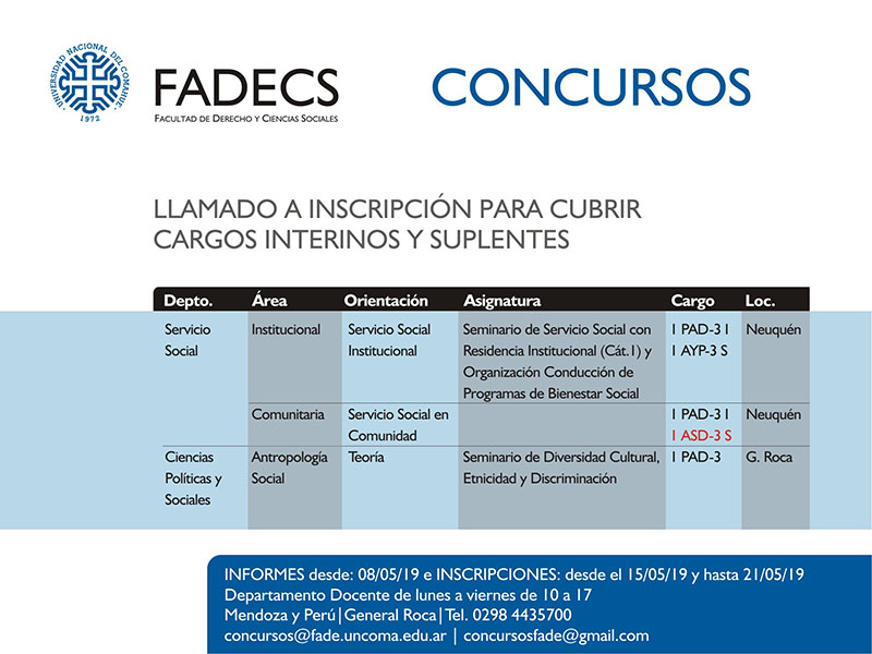 Llamado a inscripción para cubrir cargos docentes interinos y suplentes